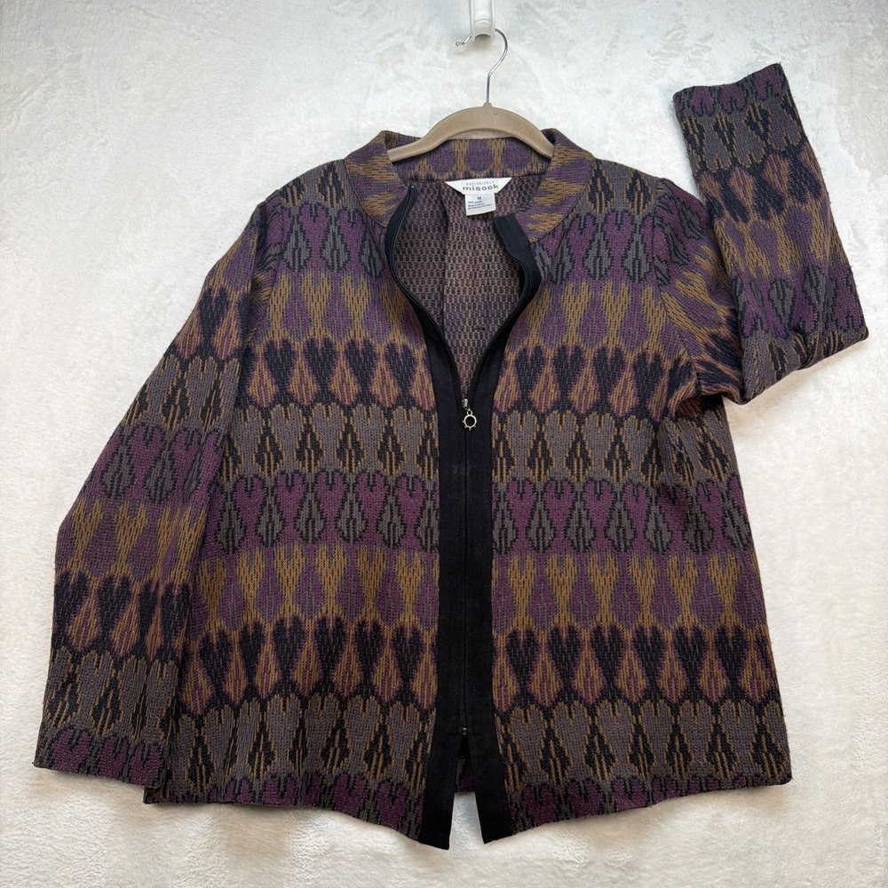 Misook Womens Knit Jacket Medium Geometric Zip Up Textured Boho Chic Art